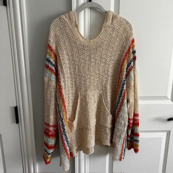 Easel LA Knit Pullover Hooded Stripe Sweater Medium Ivory Oversized - Picture 2 of 9